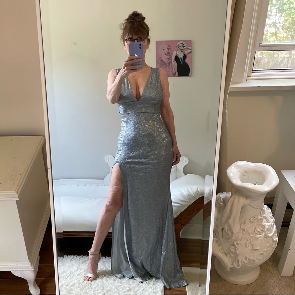 SYMPHONY SILVER METALLIC GLITTER MAXI DRESS SLEEVELESS SLIT OPEN BACK STRETCH